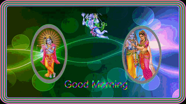 a colorful good morning greeting card with a picture of krishna and radha