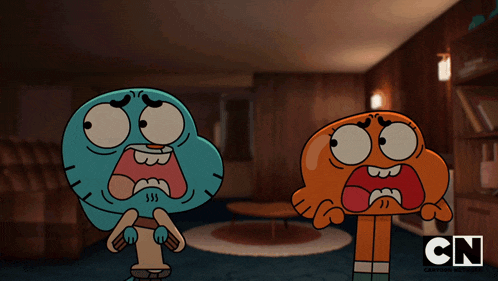 three cartoon characters are standing next to each other with cn written on the bottom