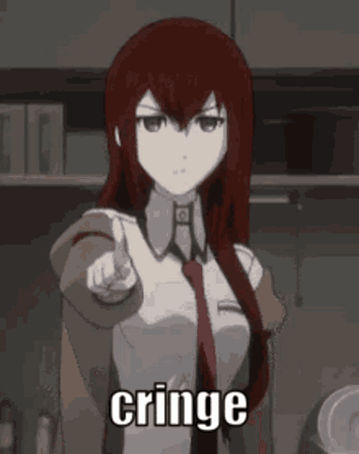 a red haired anime girl is pointing at the camera and the word cringe is on the bottom