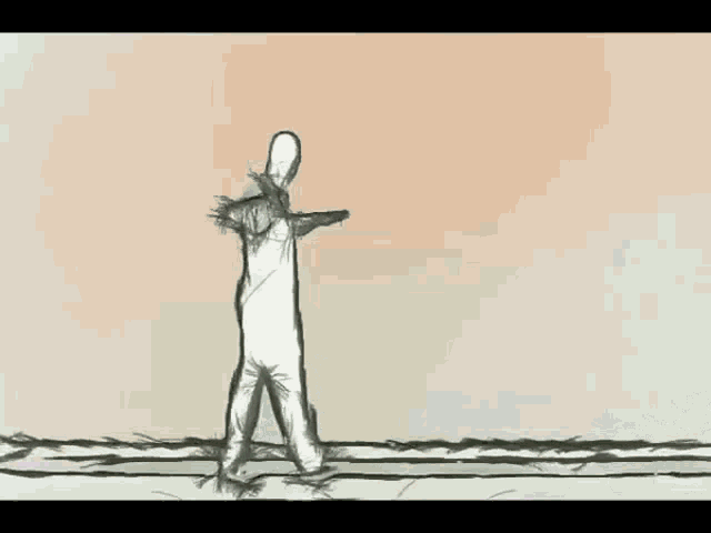 a drawing of a person standing on a beach with their arm up in the air .