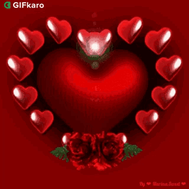 a heart surrounded by red hearts and roses on a red background