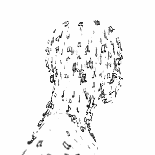 a black and white drawing of a person 's head made up of music notes