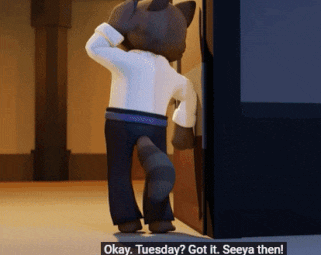 a cartoon cat is standing in a doorway with the words okay tuesday got it seeya then