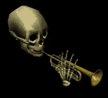 a pixel art of a skeleton blowing a trumpet on a black background