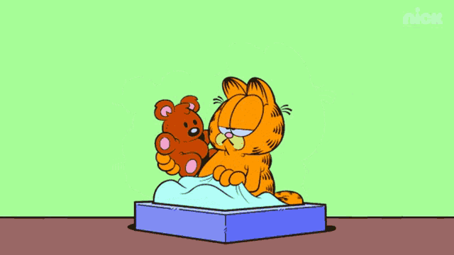 a cartoon of garfield holding a teddy bear with the nick logo in the background