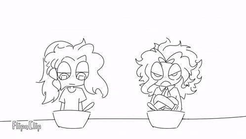 a black and white drawing of a girl eating cereal