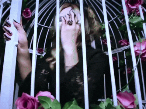 a woman in a bird cage with pink roses covering her face