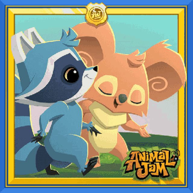 a raccoon and a squirrel are standing next to each other in a frame with animal jam written on it