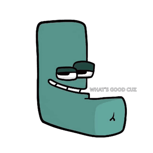 a cartoon drawing of a letter l with glasses and the words what 's good cuz below it