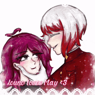 a drawing of a boy and a girl with the words louno loves may < 3