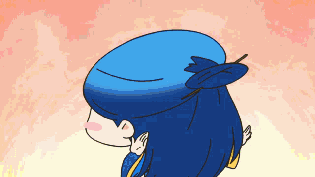 a cartoon drawing of a person with blue hair