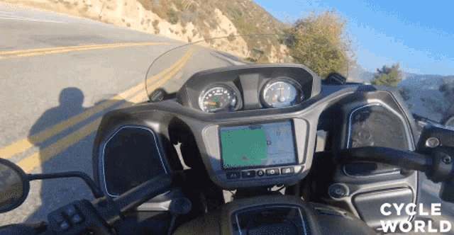 a motorcycle dashboard with the words cycle world visible