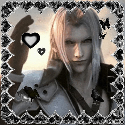 a black and white photo of a man with long hair and hearts around him