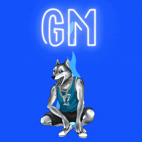 a drawing of a dog with a flame coming out of its head and the word gm behind it