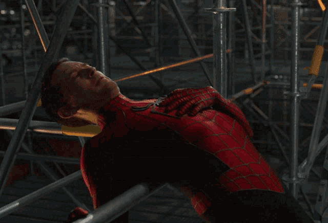 a man in a spiderman suit is laying down with the words " my back " written below him