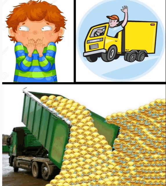 a cartoon of a boy covering his mouth next to a yellow truck and a pile of smiley faces