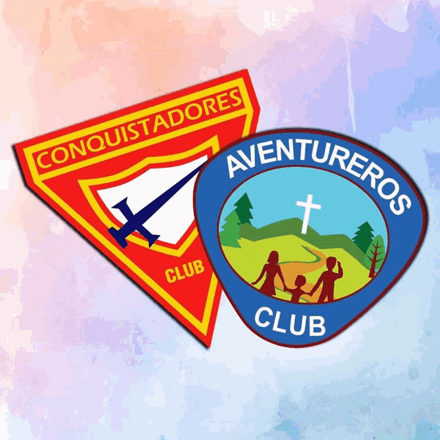 two badges one of which says conquistadores club and the other says aventureros club