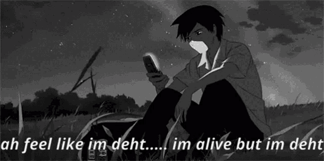 a black and white cartoon of a boy sitting in the grass looking at his cell phone .