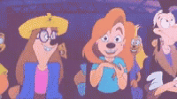 a group of cartoon characters are standing next to each other in a line .