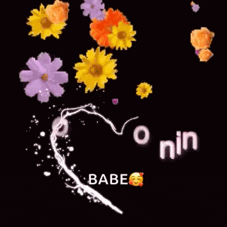 a good morning babe greeting card with flowers and a face on a black background .