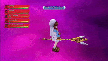a video game screen shows a girl with a crown and a sword