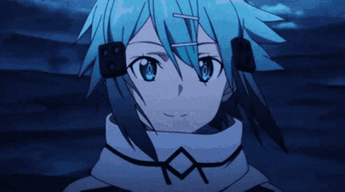 a close up of a person with blue hair