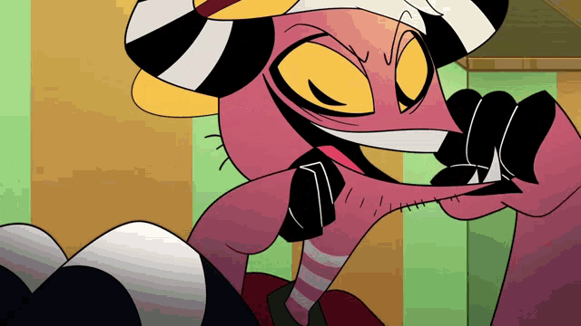 a cartoon character with a striped hat and striped socks is biting his finger