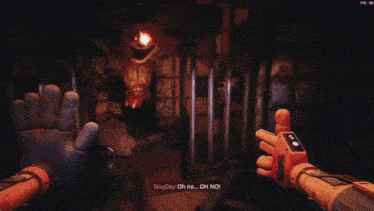 a screenshot of a video game with a hand holding a gun and a phrase that says dogday leave me please