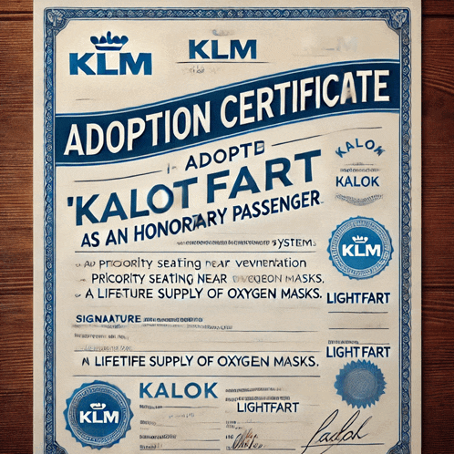 a klm adoption certificate is on a wooden surface