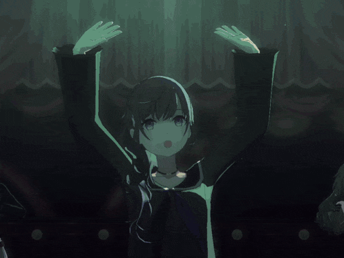 a girl with purple hair and blue eyes holds her arms up in the air