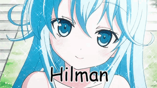 a girl with blue hair and the name hilman written on her chest