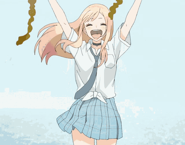 a girl in a school uniform and tie is holding up her arms