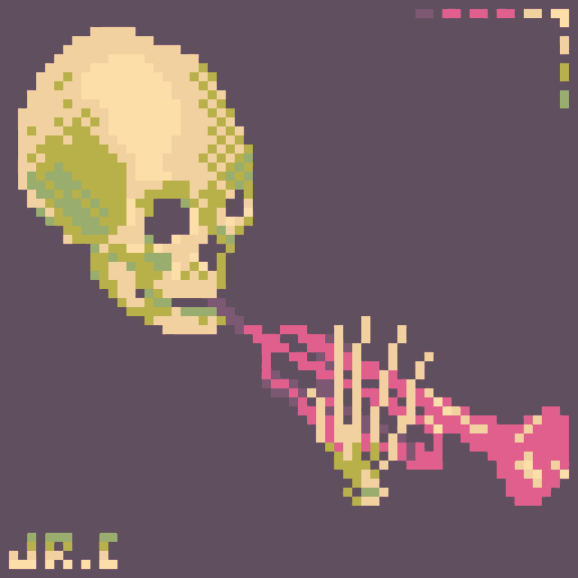 a pixel art drawing of a skeleton blowing a trumpet