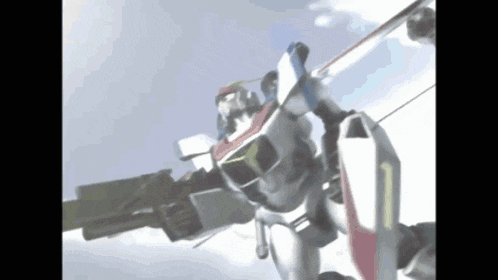 a robot with a shield and a gun is flying through the air .
