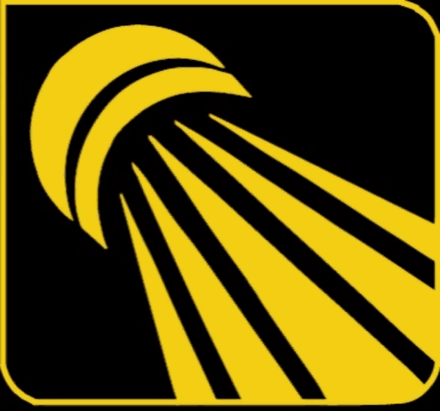 a yellow and black logo with a crescent moon and rays