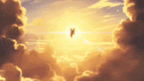 a painting of a person flying through the clouds