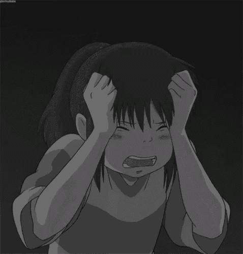 a black and white cartoon of a girl with her hands on her head