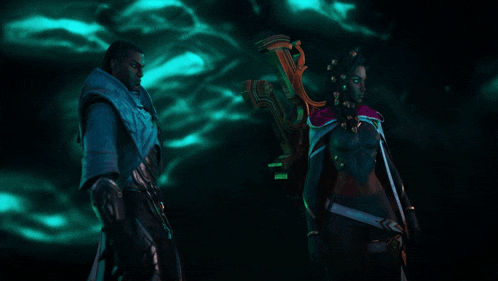 a man is holding a glowing object in his hand while standing next to a woman