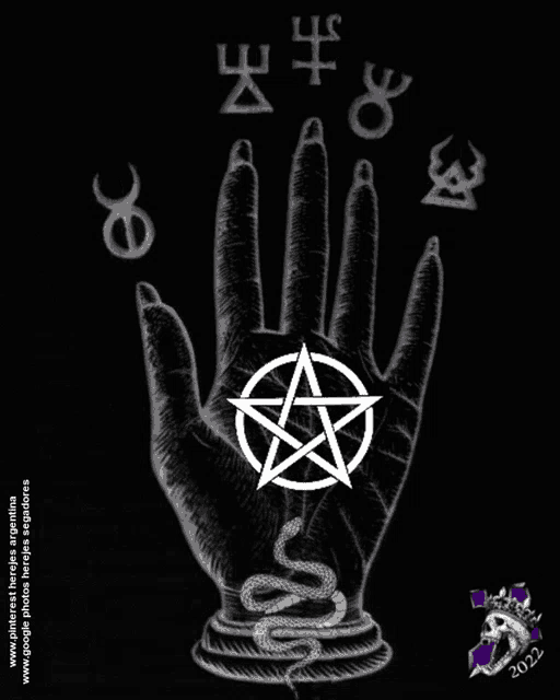 a drawing of a hand with a pentagram and a snake on it