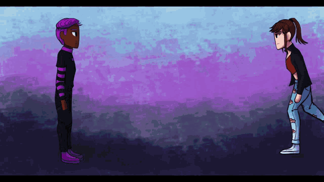 a cartoon drawing of two people standing next to each other with a purple background