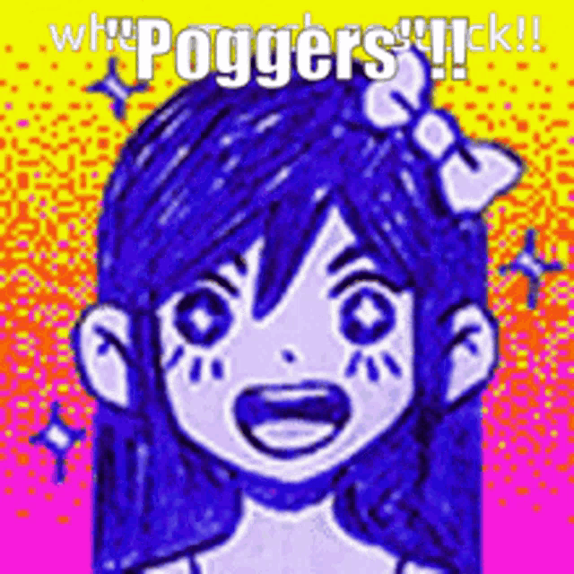 a cartoon girl with blue hair and a white bow in her hair is smiling .