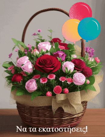 a bouquet of flowers in a basket with balloons and the words na ta ekatotooioeic on the bottom