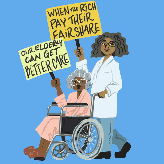 an elderly woman in a wheelchair is holding a sign that says " when the rich pay their fair share "