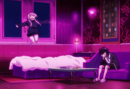 a girl is jumping in the air in front of a man sitting on a couch