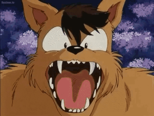 a close up of a cartoon cat with its mouth open and teeth .