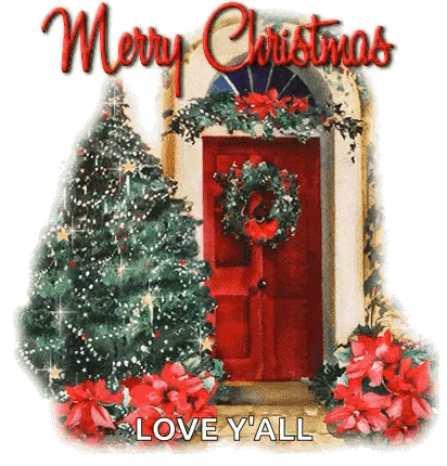 a merry christmas card with a red door , christmas trees and poinsettia .