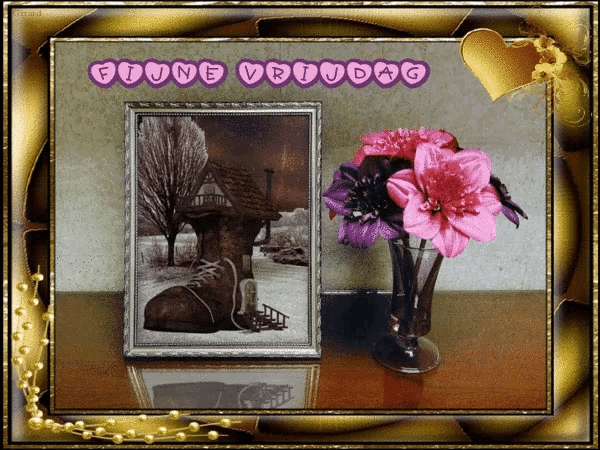 a picture of a boot and a vase of pink flowers with the words fijne vrijdag above it