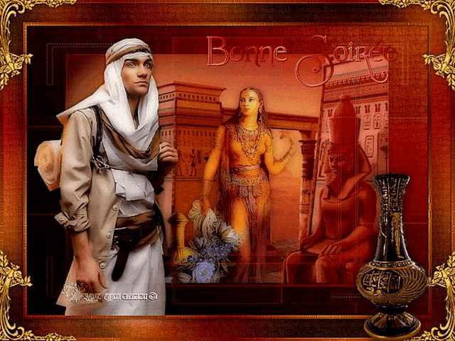 a painting of a man and a woman with the words bonne soiree written on the bottom