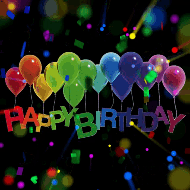 a birthday greeting card with balloons and confetti and the words happy birthday