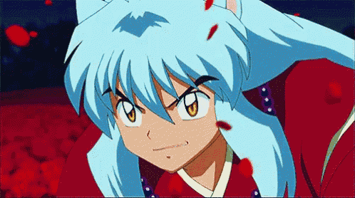 a close up of a cartoon character with blue hair and a cat ear .